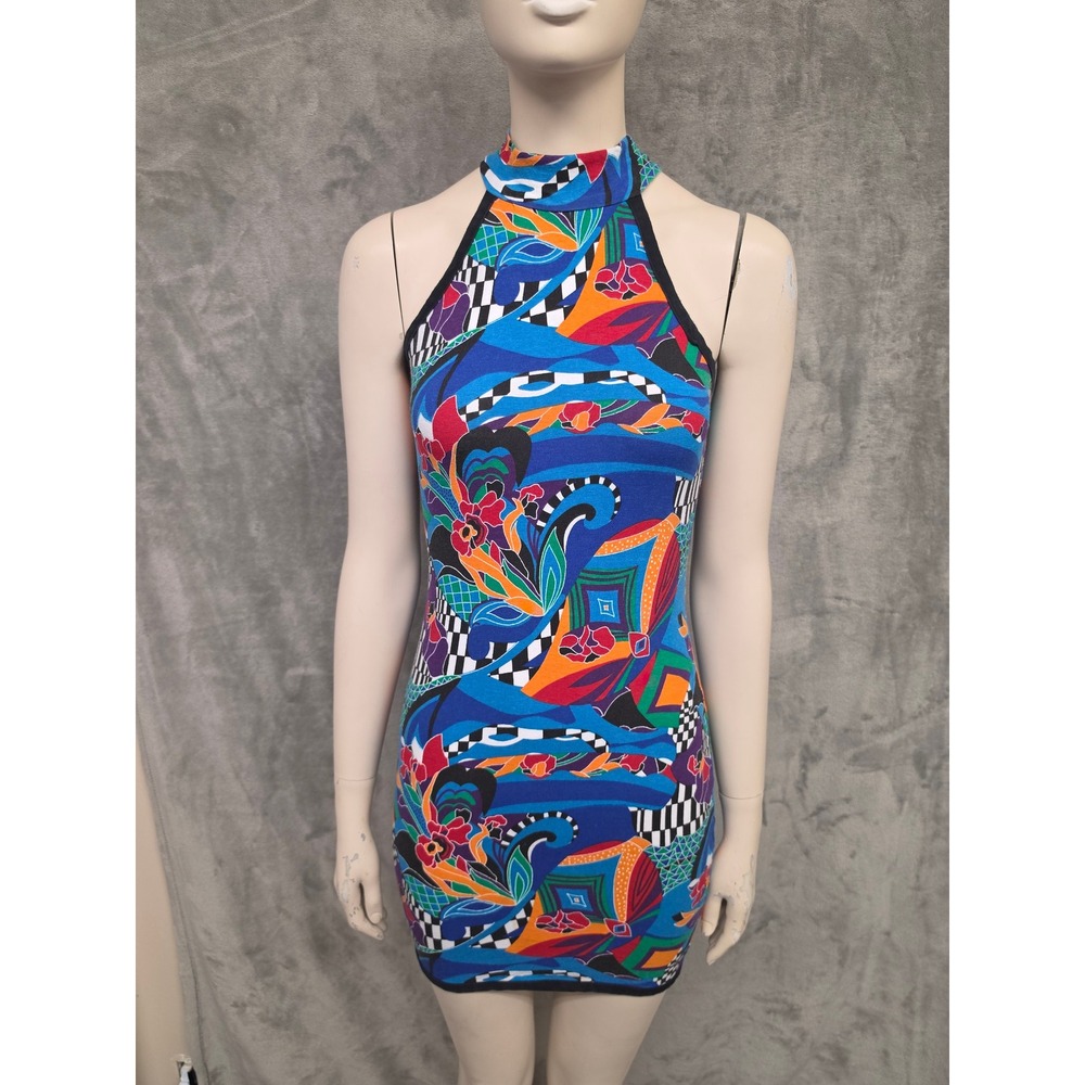 Vintage Contempo Casuals Halter Mini Dress 90s Floral Psychedelic Art Bodycon XS